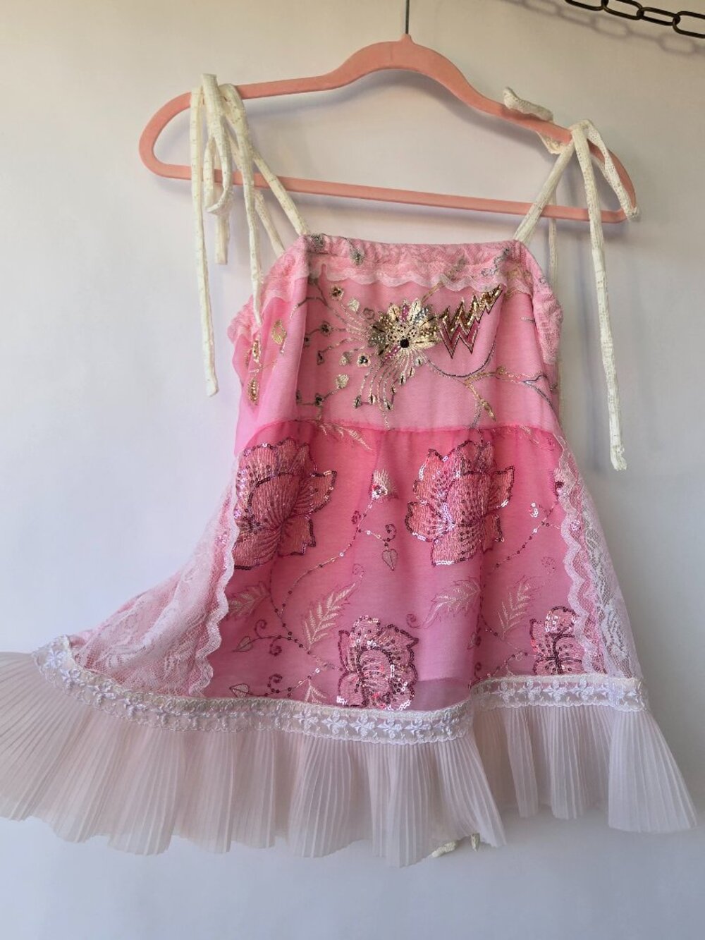 Handmade Pink Sequin Flower Embroidered Ruffle Tube-Top Blouse Balletcore Style
